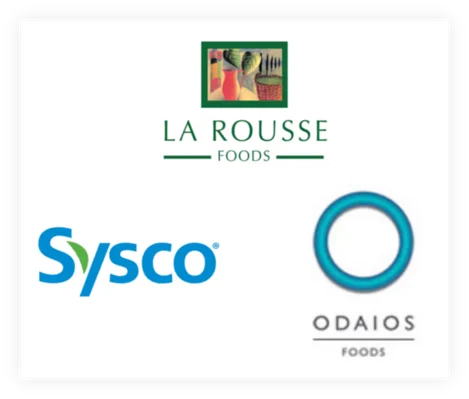 Supplier Logos including La Rousse Foods, Sysco, and Odaios Foods integrated with Prepsheets